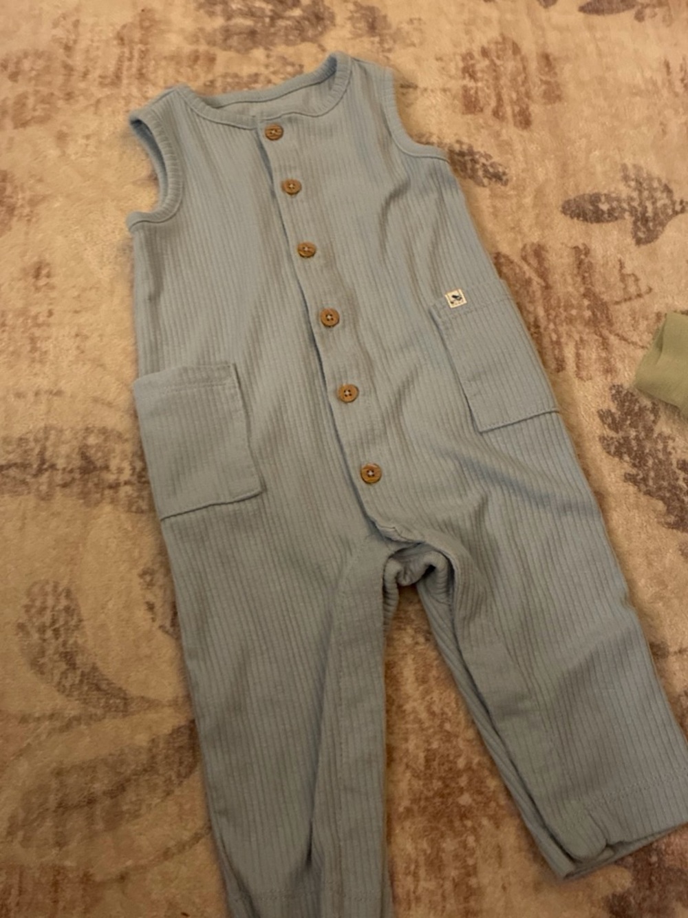 Carter's Green Floral Ruffle One-Piece & Blue Ribbed Button Romper Set - Picture 2 of 3